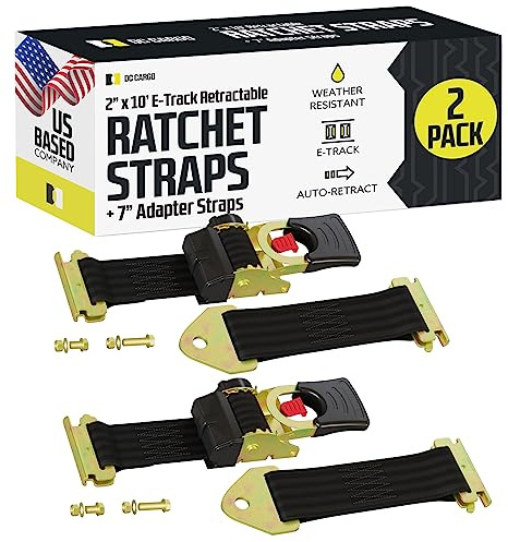 DC Cargo Mall E Track Retractable Ratchet Straps - E-Track and Bolt-On Mounting Options (2 Pack) 2 x 10' - 4,000 lbs Break Strength Heavy Duty Auto Self Retracting Tie Down Straps