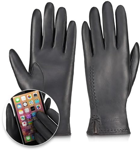 BETLEWSKI - Damen Handschuhe aus Schafsleder gefüttert - Warme Winter Lederhandschuhe für Damen in Schwarz mit Wollfutter - Winterhandschuhe für Touchscreens - Modell Scarlett iTouch - S