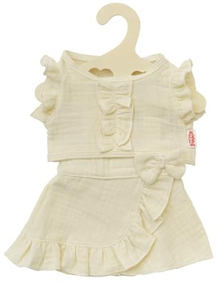 Heless 1422 - Puppenkleidung aus Musselin, 100% Bio-Baumwolle, 2-teiliges Set mit Wickelrock und Rüschen-Top in Ecru für Puppen und Kuscheltiere der Größe 28-35 cm