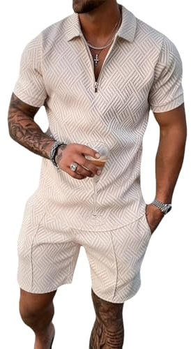 amropi Tuta Uomo Sportiva Maniche Corte Cerniera T-Shirt e Pantaloncini Estiva 2 Pezzi Set Completo Khaki, L
