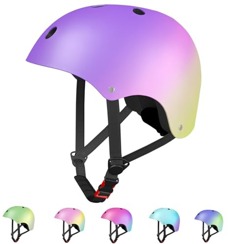 LANOVAGEAR Casco da ciclismo, Casco da Skateboard per Roller Skating Sci Casco Leggero Bicicletta Casco per Uomini Donne Bambini Casco (viola+rosa+giallo, S)