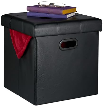Relaxdays Hocker, Sitzhocker Stauraum, gepolstert, faltbar, HBT: 39x37x37 cm, Kunstleder, Sitzwürfel Wohnzimmer, schwarz