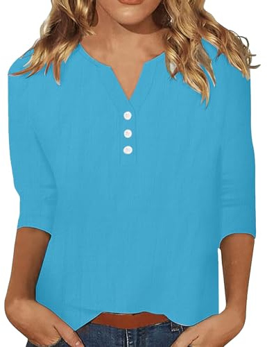 Camiseta de manga 3/4 para mujer, algodón y lino, monocolor, cuello en V, parte superior con botones, manga 3/4, blusa ligera y transpirable, camiseta de verano 2025, azul, XL