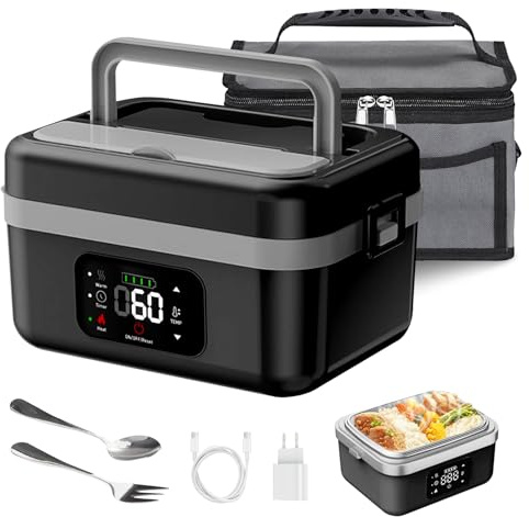 TECKZOON Lunch Box Elettrico Portatile, Scaldavivande Porta Pranzo Riscaldabile con Timer, Scatole Bento Prova di Perdite, Lunch Box Ricaricabile Autoriscaldante Senza Fili per Pasti Fuori Casa