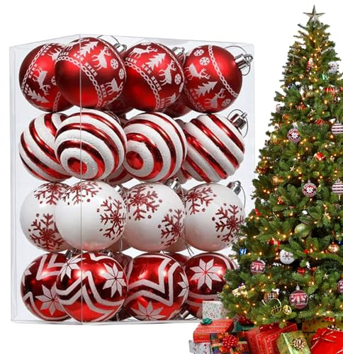 24 Pack Christmas Tree Ball Ornaments Set, Red and White Christmas Ball Decoration, Shatter Proof Round 2.36 Baubles Pendant för inomhus utomhus träd uteplats