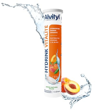 ALVITYL HYDRINK VITALITE – Electrolytes - Hydratation – Energie, Immunité - Vitamines C, B1, B6, B12 – Gout Pêche – 20 comprimés effervescents