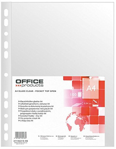 OFFICE PRODUCTS Kataloghüllen Prospekthüllen / 100 Stück/Din A4/ Glasklar Kristallklar Oben Offen Klarsichthüllen Sicht-Hüllen Gelochte Plastikhülle/PP/Transparent 40 Mikron