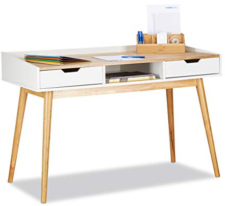 Relaxdays Schreibtisch, skandinavisches Design, 2 Schubladen, Bürotisch HxBxT: ca. 76 x 120 x 55 cm, Holz, weiß-braun