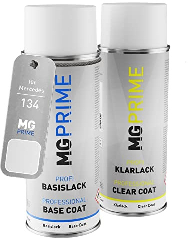 MG PRIME Autolack Spraydose für Mercedes 134/9134 Bergkristall Weiss. +1K | Mountain Crystal White Metallic / Bergkristall Weiss Metallic, Set aus Basislack + Klarlack, Sprühdosen 400ml