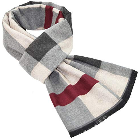 MAKFORT Schal Herren Langer Herrenschal Grau und Rot Business Männerschal Winter Warme Plaid Schal Für Herren 180 * 32 CM