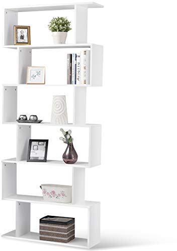 COSTWAY S-Shaped Wooden Bookcase, 5/6 Tiers Freestanding Storage Shelf, Home Office Rustic Decorative Bookshelf Display Stand Rack (White, 80 x 23 x 192cm)
