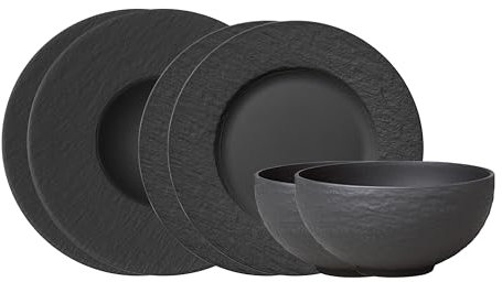 Villeroy & Boch - Manufacture Starter Set 6 Pezzi Nero, Lavabile in Lavastoviglie, Adatto per Microonde, Piatti Ardesia, Scodella, Servizio, Set di Stoviglie, Porcellana Premium