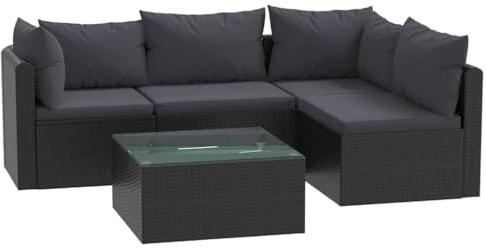 vidaXL Gartenmöbel 5-TLG. mit Auflagen Garten Garnitur Lounge Gartenset Sitzgruppe Rattanmöbel Gartensofa Sofa Poly Rattan Schwarz
