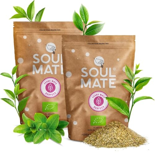 Soul Mate Bio Mate Tee Yerba Mate Guayusa Brasilien Luftgetrocknet 1kg | 100% Natürlich, Mild, Zertifizierte Bio-Qualität, Wenig Staub, Natürlicher Wachmacher, Ideal für Einsteiger, 2x500g