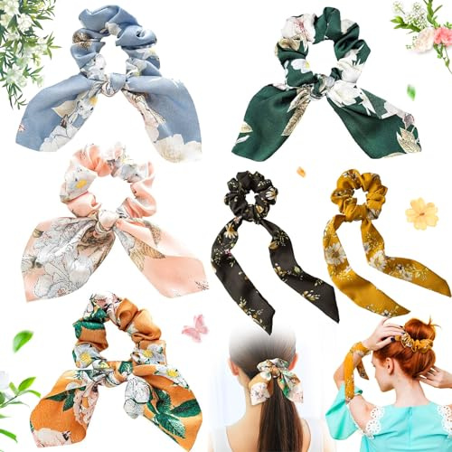 Benaton 6 Stück Chiffon Bowknot Haargummi, Haargummis Chiffon Pferdeschwanzhalter, Vintage Floral Mädchen Haargummis, Für Mädchen Frauen Pferdeschwänze Und Haarfixierer(6 Farbstile)