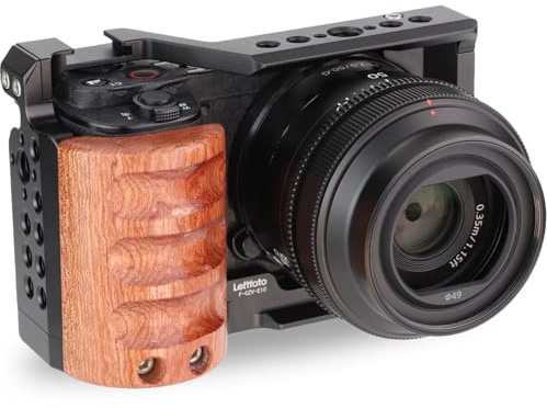 Leftfoto Upgrade Metal Cage with Wood Handle for Sony Alpha ZV-E10 Video Shooting Accessories, Cold Shoe Mic/Light Extension Video Cage Filming Vlog Camera Kit