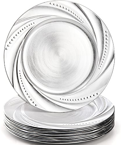 ZENFUN 12 Pack Plastic Silver Charger Plate, 13 Round Chargers Plate Decorative Dinner Chargers, Embossed Charger Serving Plates for Wedding, Catering Event, Tabletop Decor