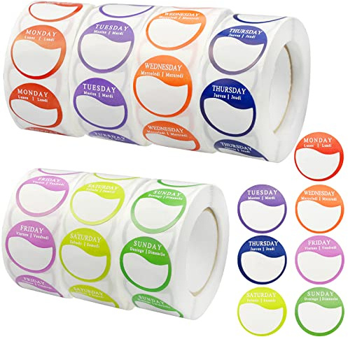 quiodok Lot étiquettes alimentaires Full Week Day Dots, Autocollants des jours de la semaine, Étiquettes Autocollantes(Tous les 7 jours inclus et 500 étiquettes par rouleau)