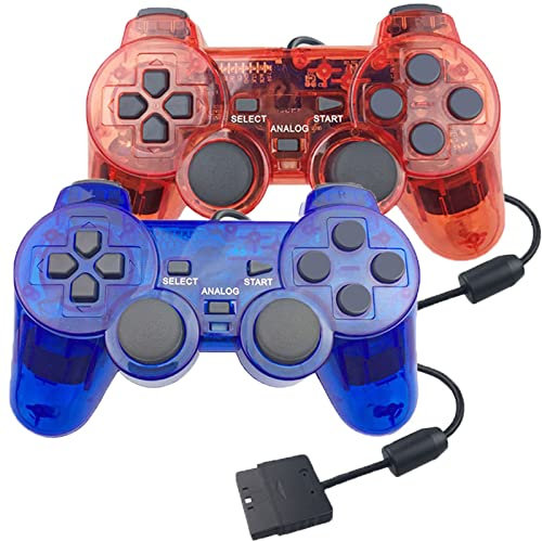 Hovlian 2 Pack PS2 Wired Controller,Double Shock Gamepad Compatible with PS2 Controller (Clear Blue and Clear Red)
