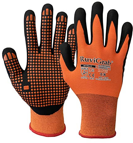 Ruvigrab - Guante de Trabajo nitrilo FOAM puntos de PVC naranja Guantes para Jardinería, obra, agricultura, agarre y comodidad Talla 10, Naranja/Negro, DOTS/9