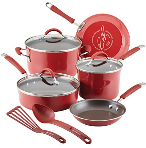 Rachael Ray Cucina Nonstick Cookware / Pots and Pans Set, 10 Piece - Cranberry Red