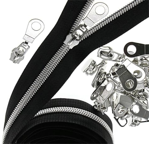 #5 Nylonspulen Reißverschlüsse 9m Endlos Reißverschluss Meterware Schwarze Klebeband Silberfarben Zähne mit 25 PCS Reißverschluss Sliders für Nähen YIGUANXIN | Metallisches Reißverschlussband mit 25 Schiebern für Heimwerker, Nähen, Basteltaschen (Schwarz/Silber)