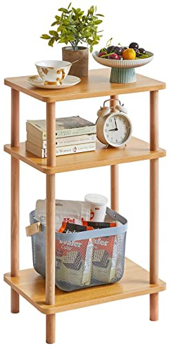 IBUYKE 3-Tier Side Table, Solid Wood Tall End Table with Storage Shelves, Nightstand Bedside Table for Living Room Bedroom Office, No-Tool Assembly, Natural UWST003N