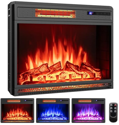COSTWAY 25”/64cm Electric Fireplace, Recessed Freestanding Fire Heater with 3 Flame Color, 4 Brightness, Thermostat, Timer, Remote Control & Overheat Protection (25”, 900W/1800W, with Logs)