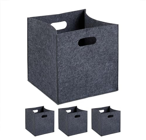 Relaxdays Aufbewahrungsbox 4er Set, Faltbare Regalboxen, HBT: 30x30x30 cm, Grifflöcher, Faltboxen aus Filz, anthrazit