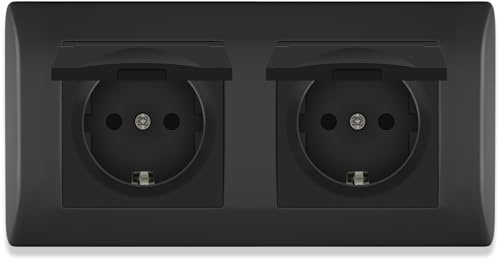 BSEED Schuko Steckdose mit wasserdichter Abdeckung,Doppelsteckdose Unterputz mit Steckklemme,2 Fach Steckdose Unterputz mit PC Rahmen,Einbausteckdose 16Amp, Küchensteckdose Schwarz-152 mm