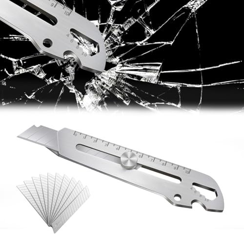 Universalmesser 6 in 1, Portabel Cuttermesser Profi für Schrauben Festziehen, Flaschenverschlüsse öffnen, Teppichmesser mit 10 Edelstahlklingen 18mm, Schiebe-Sicherheitsverschluss Design (10 Klingen)