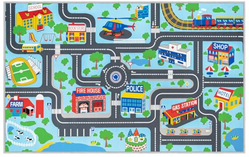 Capslpad Kinder Teppiche Spielteppich für Kinder Stadt 100x160cm rutschfest Kinderteppich Spielmatte Maschinenwaschbar Kurzflor Pädagogischer Spielteppich für Kinderzimmer Spielzimmer Dekor, Hellblau