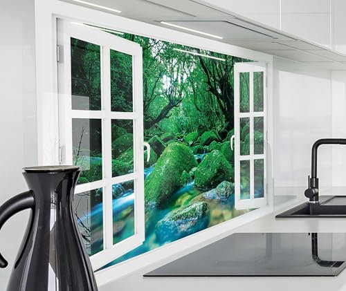 timalo Herd Spritzschutz Wand Spüle, Küche Küchenrückwand Glasoptik | Acryl Glas 2mm | Glasrückwand Acrylglas Fensterblick Fenster Rückwandschutz Platte | 80x50cm Wald Moos Bach