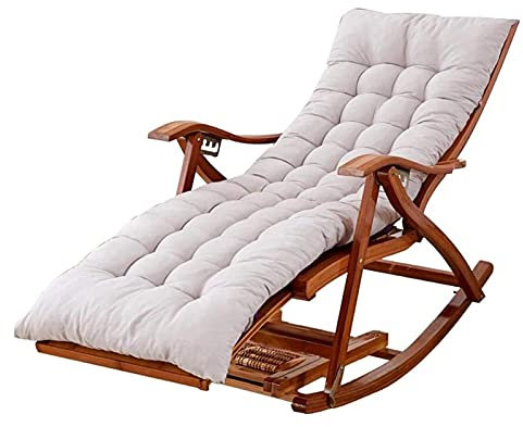 Outdoor-Loungesessel, verstellbarer klappbarer und verstellbarer Schaukelstuhl aus Bambus, mit grauem Baumwollkissen und einziehbarer Fußstütze, Garten- und Strandloungesessel, Belastung 200