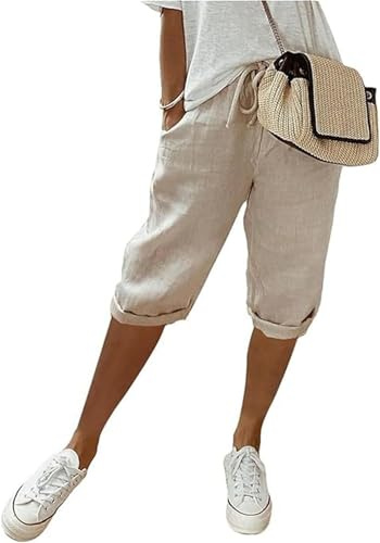 MorFansi Damen Sommerhose Knielang Leinenhose Leicht Sommer Kurze Hosen Caprihose Strandhose Freizeithose mit Taschen (Khaki,XL)