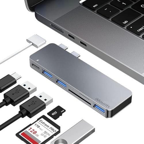 iMounts USB-C Hub für MacBook Air und Pro M1/M2/M3, 3 USB 3.0 Anschlüsse, Thunderbolt 3, SD/Micro SD Kartenleser, MagSafe-kompatibel, Grau (Space Gray)