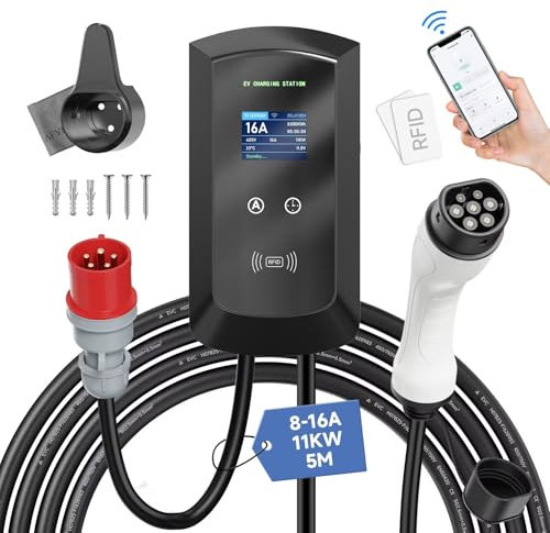 Afyeev 11kW Wallbox/Elektroauto Ladestation mit Smart App, 8-16A CEE 3 Phasen Stecker, IP65, WLAN- und Bluetooth, RFID-Karte, Elektroauto Wallbox Geeignet für i3, e-Up, ID.3, ID.4, Zoe