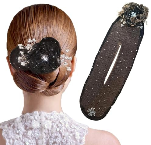 Elfinfi, 2024 Neu Dutt Hilfe, Hand Embroidered Flowers Haarknotenmacher, Deft Hair Bun Roller, Faule Hair Bun Maker Träges Lockiges Haar Geeignet für Frauen und Mädchen (Schwarz, 35.5 cm)