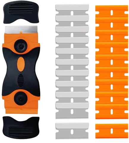 Cleaning Scraper Tool Set, Single Edged Non Scratch Scraper Cleaning Tool with 10 Metal +10 Plastic Blades Glass Scraper Ceramic Hob Scraper Cleaning Scraper for Hob Paint Window (Orange)