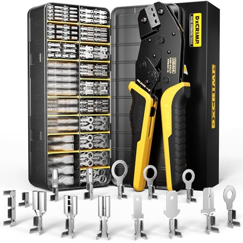DxCRIMP Kit de Pinces à Sertir avec 14 Sortes de Connecteurs Bêche Mâles et Femelles, Compatible Câbles 0,25–2,5 mm², Outil à Cliquet pour Cosses de Fils Électriques, Sertissage Précis, Anti-Oxydation