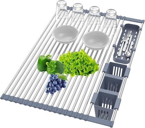 Expandable Dish Drainer Rack – Multi Purpose Draining Board Rack with Cutlery Drainer, Over Sink Dish Drying Rack for Efficient Kitchen Storage, Kitchen Sink Organizer.