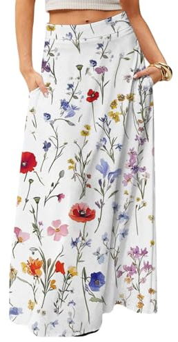 Générique Jupe Longue Femme – Fluide Jupes Boheme Ete Jupe Rétro À Plis Évasés Tissu Léger Imprimé De Motifs Fleurie avec Poches Et Taille Elastique Robe Plissee Blanc 2XL
