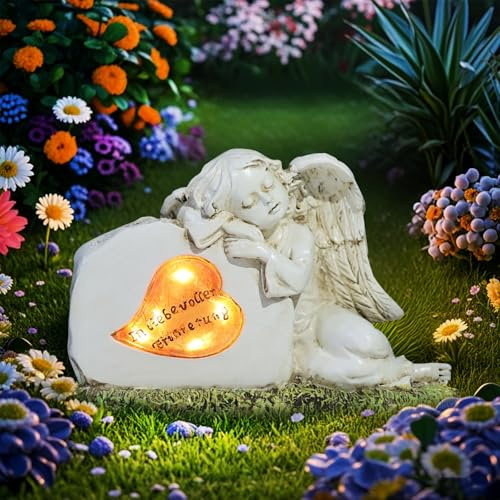 Tuzsocr Solar Engel Gartenstatuen,Engel Grabsteindeko mit Solarleuchten,Wetterfest LED-Schutzengel-Figu,Trauernd Engel Grablichter für draußen,Engel Gedenkstein für Garten,Friedhofsdekoration (Stil 2)
