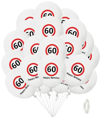 Affivia Verkehrsschild 60 Geburtstag Deko Luftballons, 20 Stück Deko 60. Geburtstag Mann Frau Ballons, Luftballons 60. Geburtstage Weiß Rot, Geburtstagsdeko 60 Jahre Frau Mann,Happy Birthday 60 Ballon