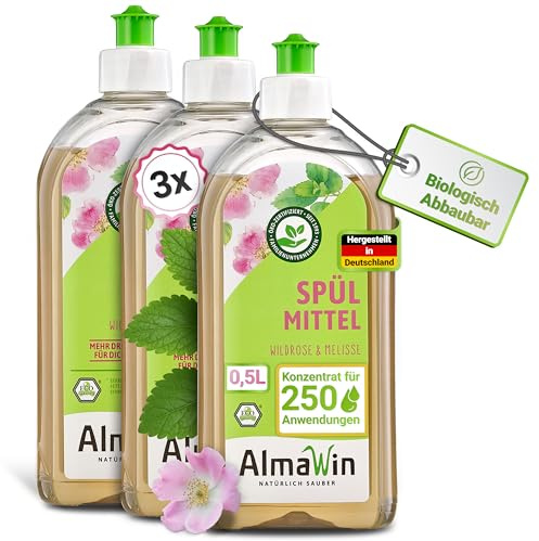 AlmaWin® Spülmittel Öko [3x 500ml] mit Wildrose & Melisse-Duft - Kraftvolles Geschirrspülmittel flüssig mit hoher Fettlösekraft - Vegan Dish Soap - Biologisch abbaubares & ergiebiges Konzentrat