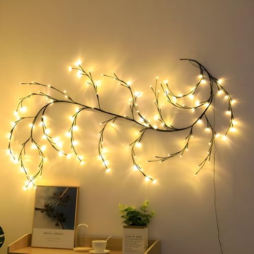 HOPEYHFM Wall Decor Twig Light, Lighted Willow Tree Vine Fairy Lights, 144 LED Plug in Powered, Warm White with Lights, for Bedroom Living Room Christmas Home Decor