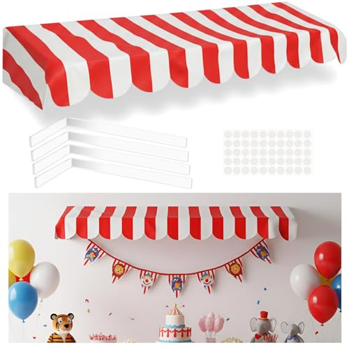 Tallew Circus Carnival Awning Decor Carnival Tent Red White Striped Banner 3D Waterproof Awning Wall Decor 57.5''x 9''Circus Party Supplies for Birthday Christmas Mardi Gras Games Props