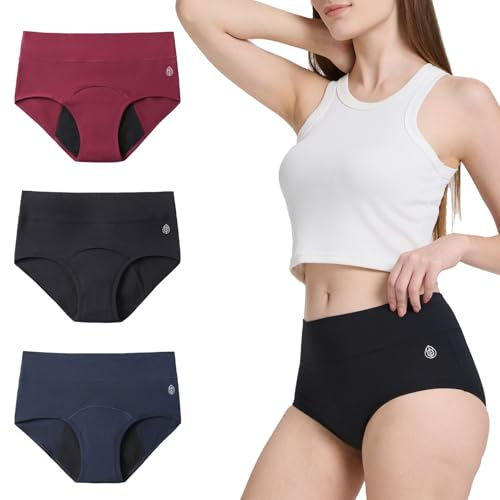 Period Underwear for Women, Absorbency Leakproof Incontinence Pants, High Waisted Knickers for Women, Washable Menstrual Period Panties, Comfort & Protective Briefs, 3Pack, M