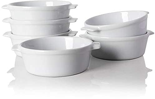 Sweejar Home Ceramic Souffle Dishes, Round Handle-Ramekins-Baking, 300ml for Pudding,Creme Brulee,Souffle - Set of 6 (White)