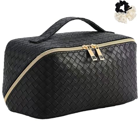 ZenyTra Flache Kosmetiktasche mit Tragegriff & Fach-Einteilung | Reise Make-up Organizer mit Pinselhalter für Frauen | Stylisches Schwarz Design für unterwegs & zuhause（Mit 1 einem Haarring）